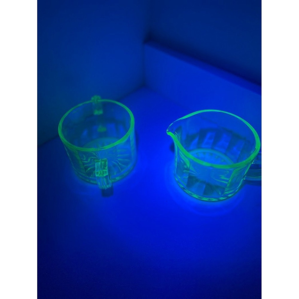 Vintage Uranium Glass Creamer and Sugar Bowl Set Paneled Starburst UV Reactive‎